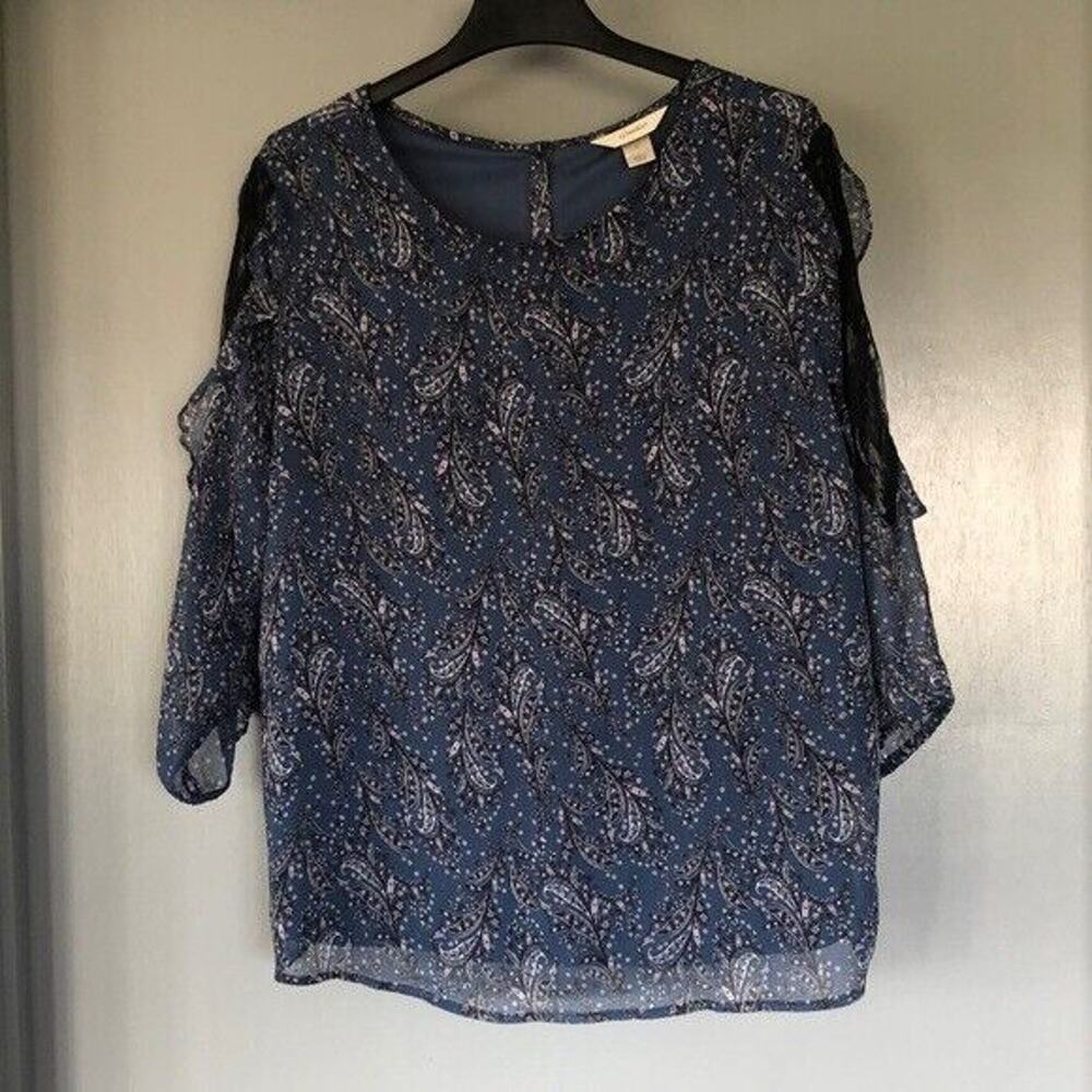 CJ Banks 1X Blue Paisley Lined Sheer 3/4 Sleeve Blouse Ruffle Mesh Cutout